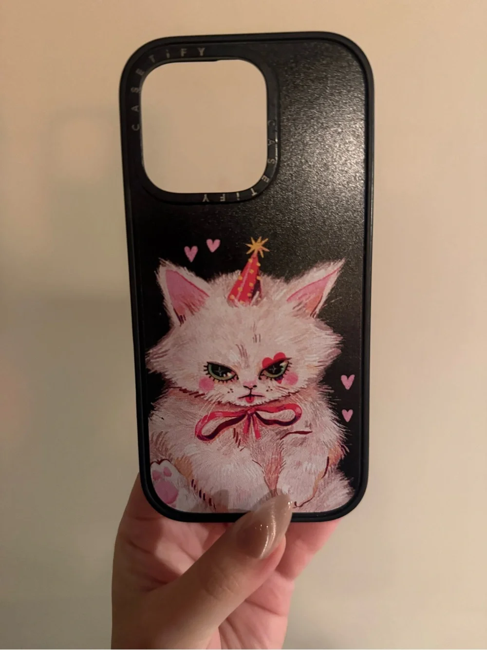 Casetify Black Phone Case with Pink Party Cat Illustration